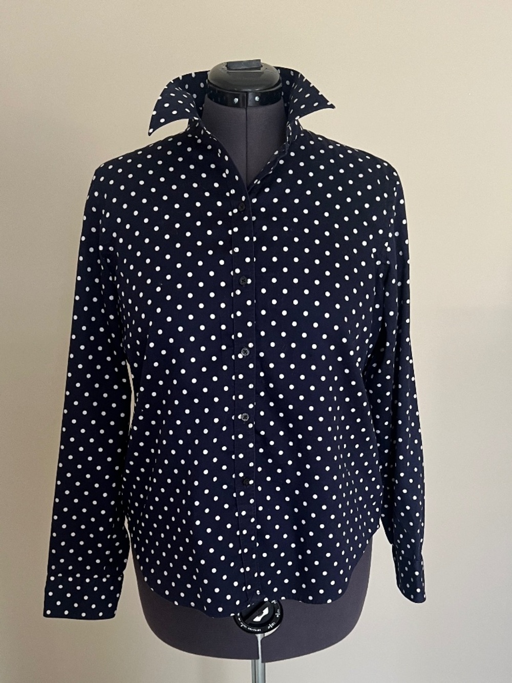 Lauren Ralph Lauren Navy Blue & White Polka Dot 3/4 Sleeve Blouse Women's Sz L